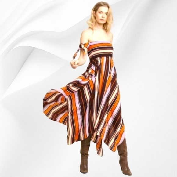 UMGEE Brown & Pink Striped Smocked Off-Shoulder Asymmetrical Dress - Picture 2 of 5